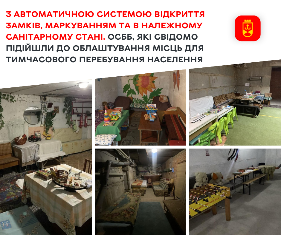 З автоматичною системою відкриття замків, маркуванням та в належному санітарному стані. ОСББ, які свідомо підійшли до облаштування місць для тимчасового перебування населення